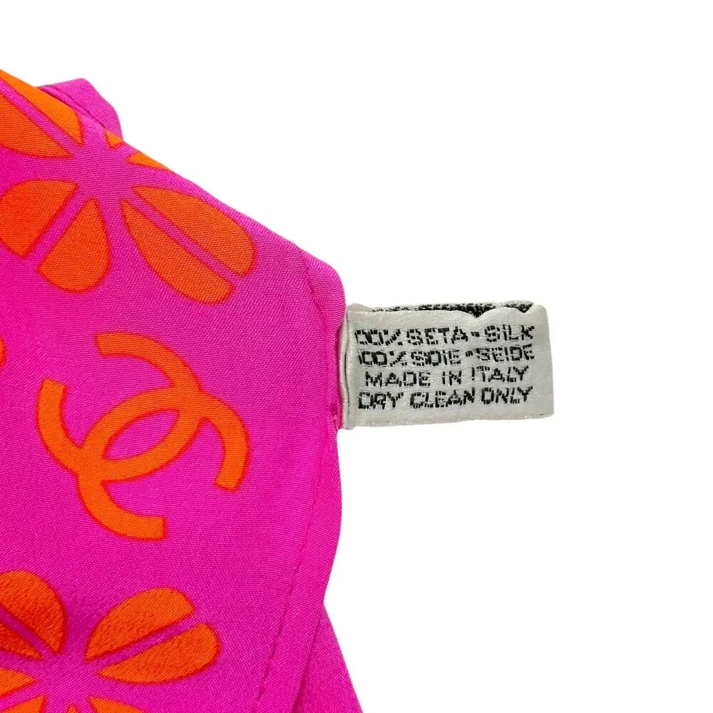 Chanel Hot Pink & Orange Clover Print Silk Scarf